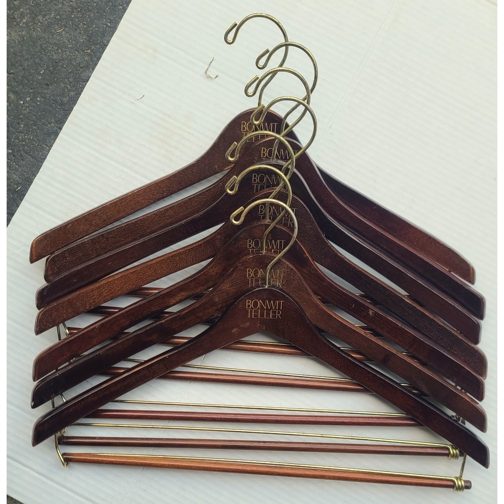 Set of 7 Vintage Bonwit Teller Wooden Suit Hangers Dark Wood Gold Hardware Logo
